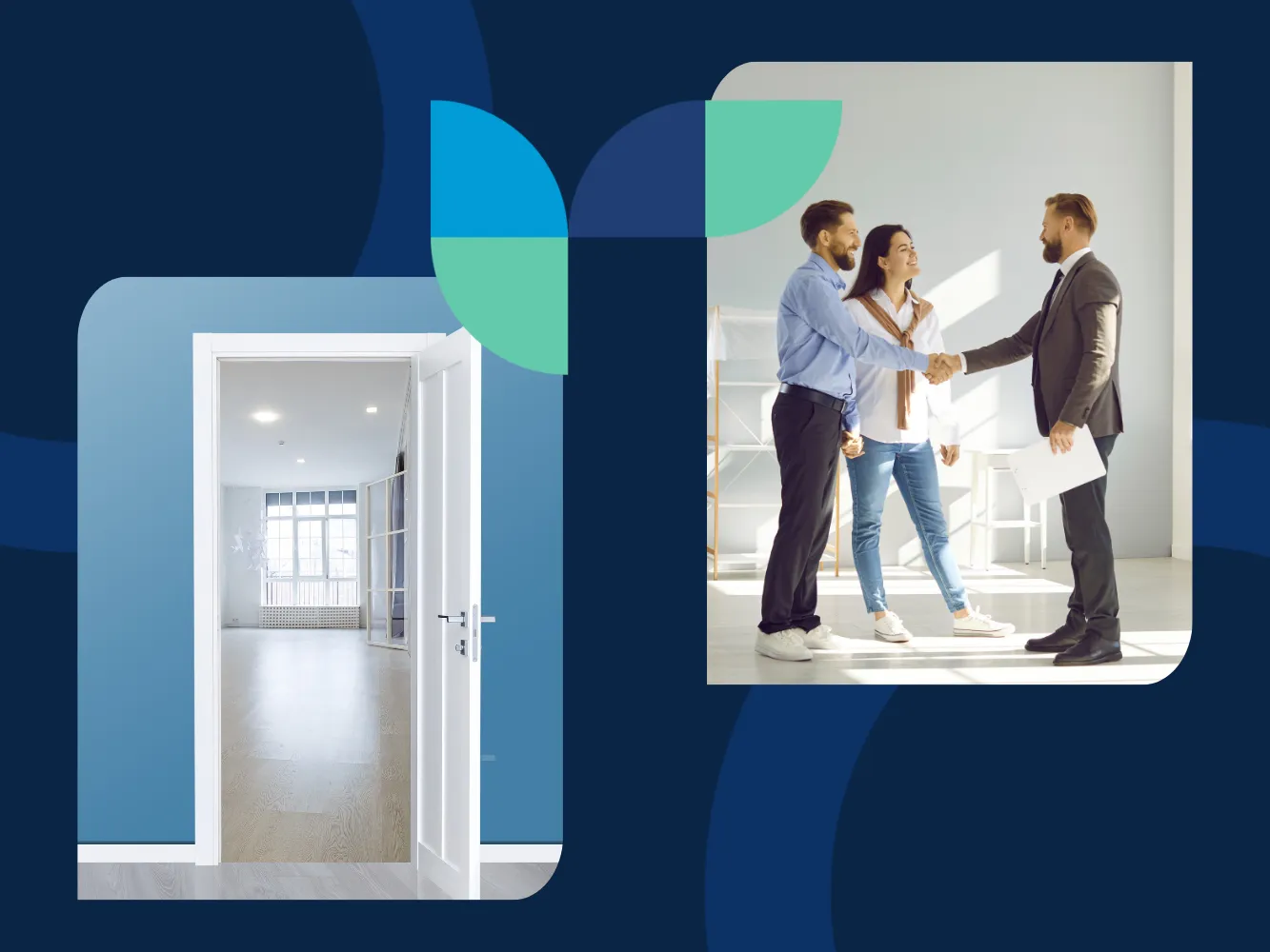 9.25.24 What is the rental vacancy rate and how to minimize it Image with two sections: one showing a door open to an empty room, and the other showing a young couple shaking hands with a property owner, illustrating the rental property vacancy rate and successful leasing.