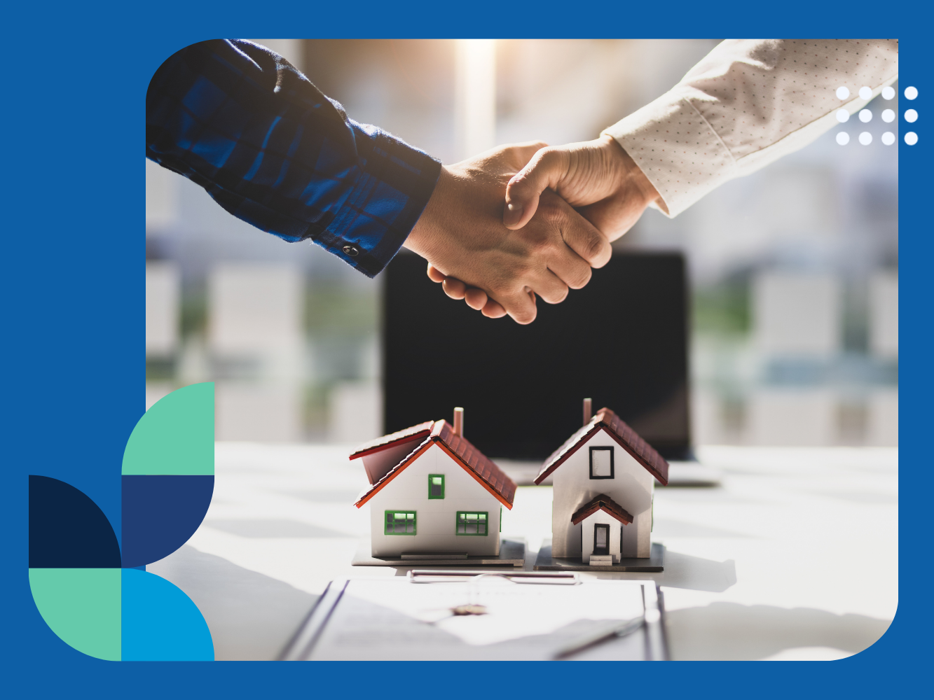 How to hire a property manager for your rental property A real estate agent shaking hands with a client in front of a model house. The handshake symbolizes the closing of a deal on a new home.